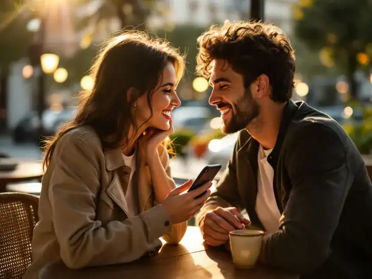 Foto de una pareja joven sonriendo; la chica sostiene un celular, ilustrando ¿Qué Significa Cita Informal? en un contexto cotidiano y relajado.