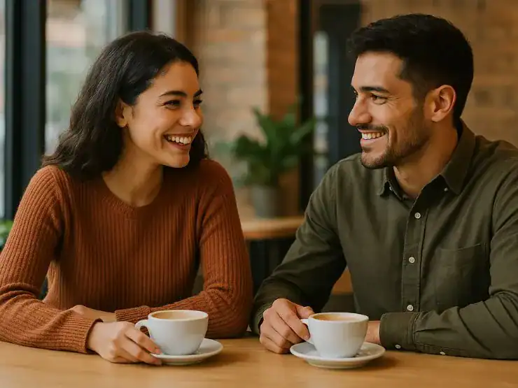 Una pareja en su primer encuentro en una cafetería, representando qué es una cita informal.