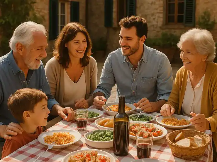 una familia italiana almorzando al aire libre, con un padre, una madre, un hijo, una abuela y un abuelo felices.