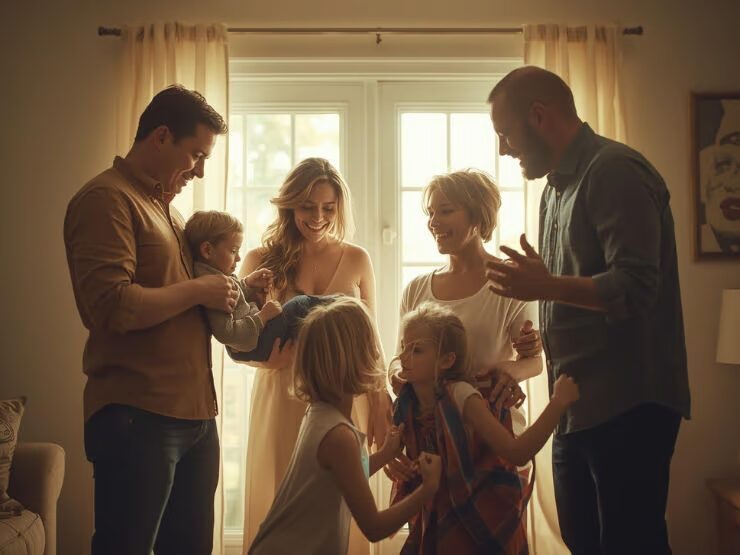 Foto de dos exparejas con tres niños, representando la familia reconstituida.
