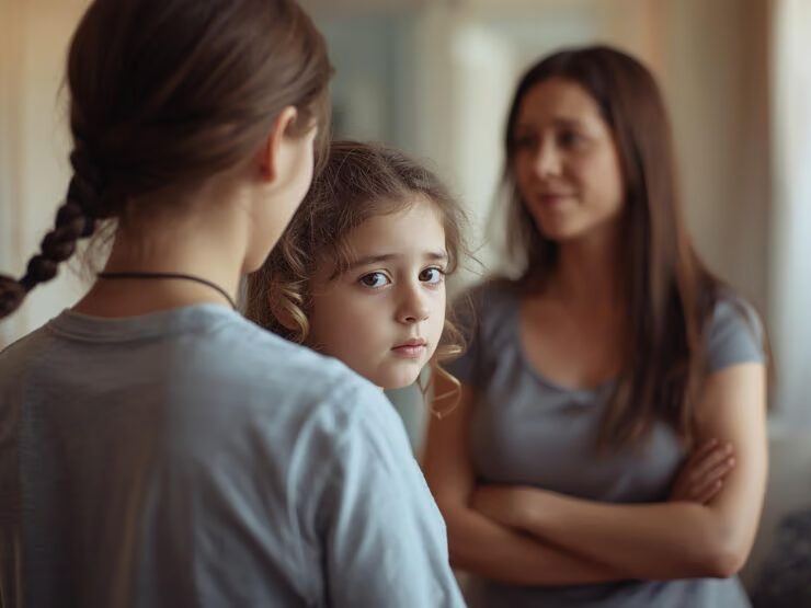 Una foto de dos niños, al fondo una mujer, la madrastra. Simbolizando los desafíos de esa relación