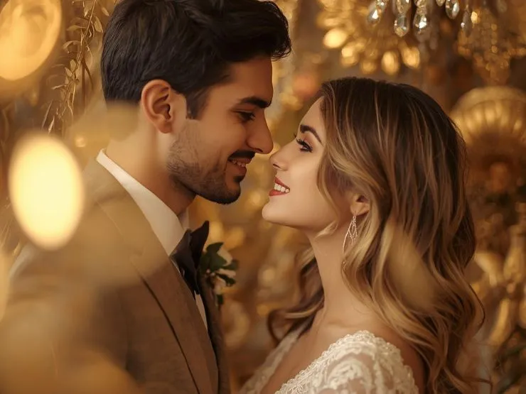 Imagen de una pareja con un fondo dorado que representa el enriquecimiento mutuo en la pareja