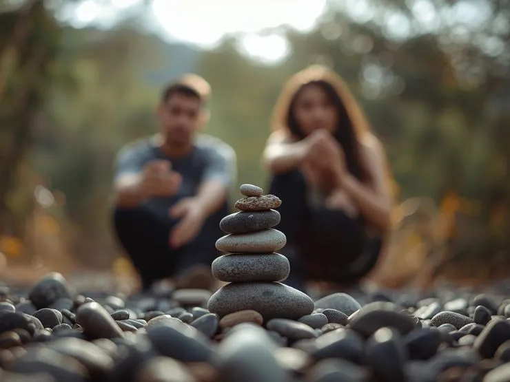 pareja ensamblando rocas que ilustran el equilibrio entre dar y recibir en la pareja