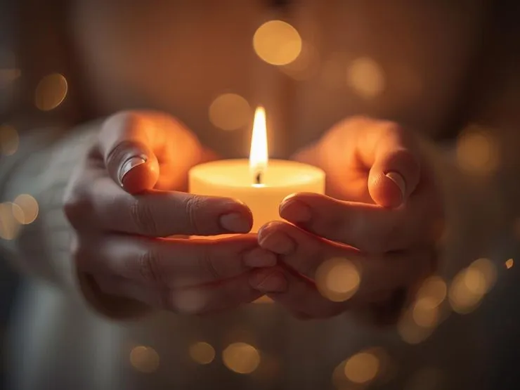 Dos manos sostienen una vela de forma amorosa, representando a los hijos no nacidos en constelaciones familiares.
