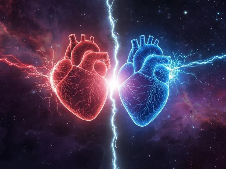 Divorcio energético: imagen de dos corazones separados por una línea de energía.