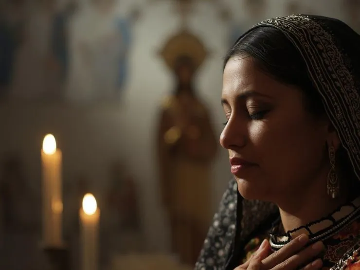 Una mujer cierra los ojos y lleva las manos al corazón mientras reza. Sus labios se mueven suavemente, recitando oraciones silenciosas que incluyen plegarias por su hijo no nacido. Su expresión refleja paz y devoción, mostrando una conexión profunda con su fe y esperanza maternal.