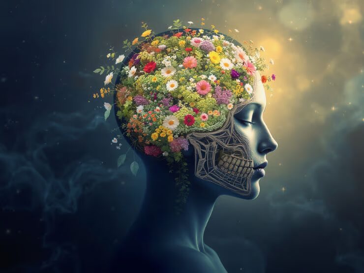 Silueta de un perfil humano con un jardín floreciente en su interior, representando el equilibrio y la salud mental desde una perspectiva sistémica y de psicología positiva.