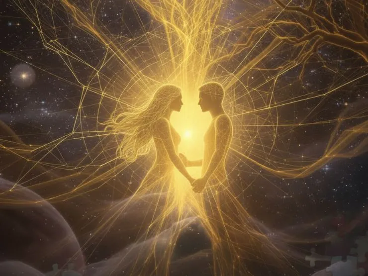 Amor sistémico en acción: pareja unida por leyes invisibles, flujo de energía y sanación relacional.